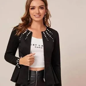 women pearl beaded zip pleated peplum jacket online