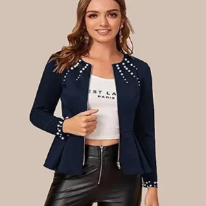 women pearl beaded zip pleated peplum jacket online 2